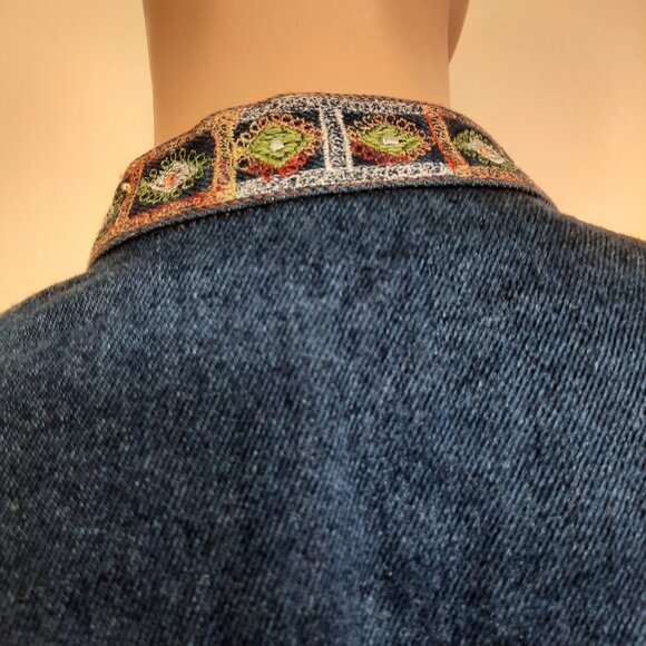 Vintage 90 Denim Jean Vest Oversized Embroidered Fringe Size S Dark Wash - Picture 8 of 10